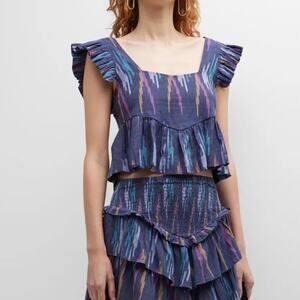 MOTHER The Ruffled Up Cropped Peplum Printed Top In Navy